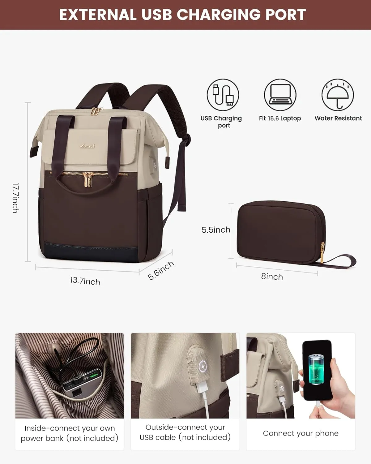 LOVEVOOK Laptop Backpack for Women, 15.6 Inch Work Laptop Bag with USB Port, Fashion Teacher Nurse Backpack Purse, Waterproof Travel Computer Backpack with Organizer Bag, 2PCS, Apricot-Coffee