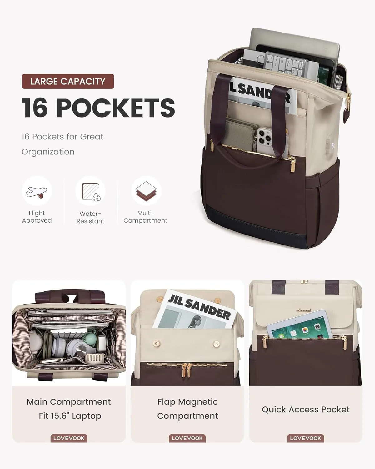 LOVEVOOK Laptop Backpack for Women, 15.6 Inch Work Laptop Bag with USB Port, Fashion Teacher Nurse Backpack Purse, Waterproof Travel Computer Backpack with Organizer Bag, 2PCS, Apricot-Coffee