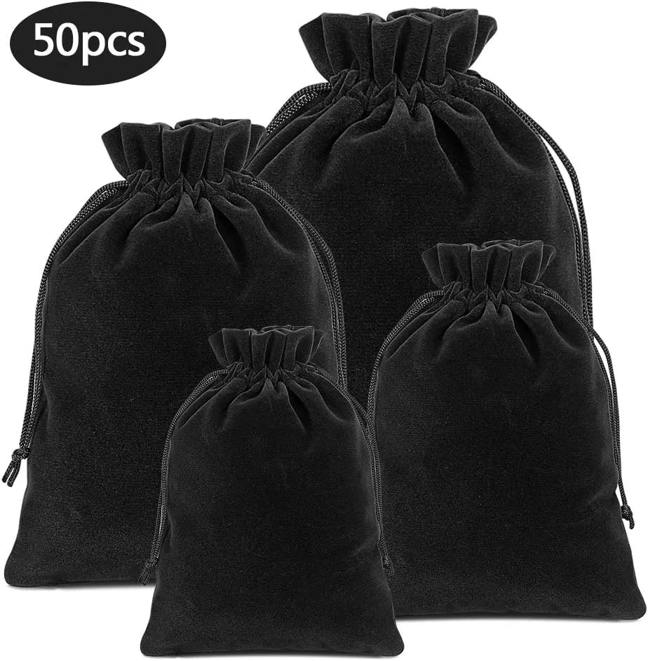 Lucky Monet 25/50/100PCS Velvet Drawstring Bags Jewelry Pouches for Christmas Birthday Party Wedding Favors Gift Candy Headphones Art and DIY Craft (50Pcs, Black, 4” x 6”)