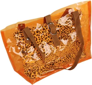 [Lucky Orange] Leopard Double Handle Leatherette Satchel Bag Handbag Purse Casual Styling