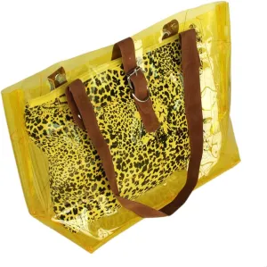 [Lucky Yellow] Leopard Double Handle Leatherette Satchel Bag Handbag Purse Casual Styling