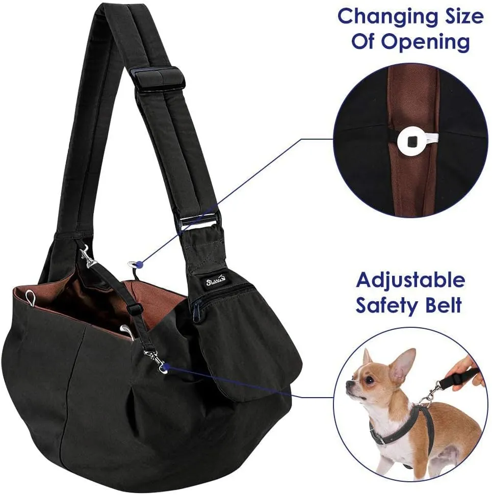 Lukovee Pet Sling, Hand Free Dog Sling Carrier Adjustable Padded Strap Tote Bag Breathable Cotton Shoulder Bag Front Pocket Safety Belt Carrying Small Dog Cat Puppy Machine Washable (BN, S)