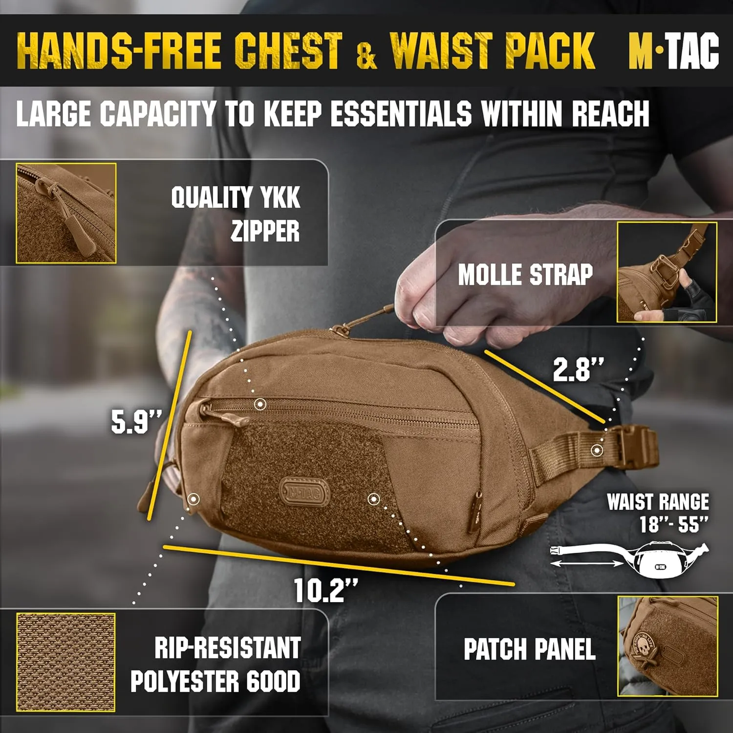 M-Tac Tactical Fanny Pack for Men - Large Companion Waist Bag - Coyote Cross Body Belt Bag for EDC - Waist Pack
