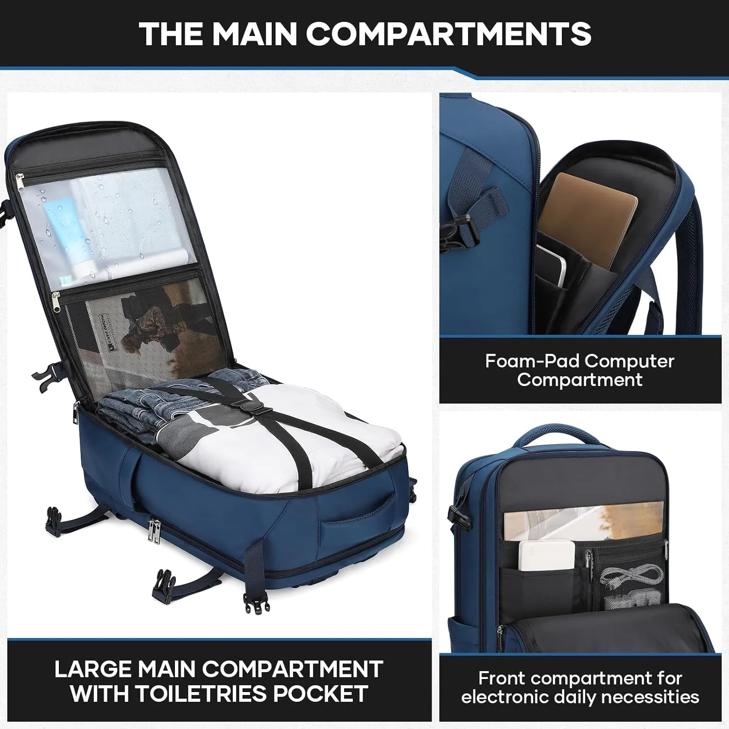 Maelstrom Travel Backpack for Men Women, 35L Carry on Backpack for Traveling on Airplane,with Belt Bag&Shoe Compartment,Waterproof Laptop Backpack fit 17”Laptop-Navy Blue, Large