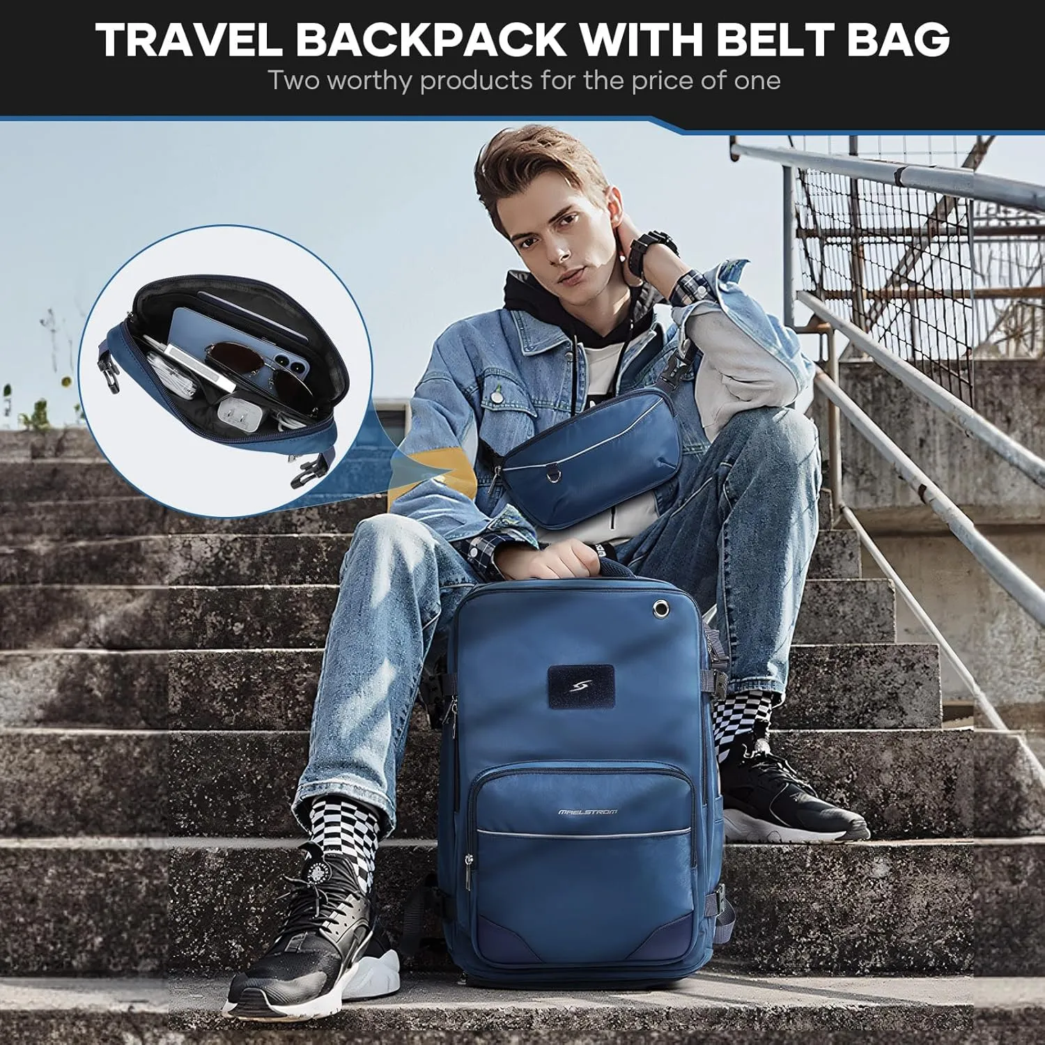 Maelstrom Travel Backpack for Men Women, 35L Carry on Backpack for Traveling on Airplane,with Belt Bag&Shoe Compartment,Waterproof Laptop Backpack fit 17”Laptop-Navy Blue, Large