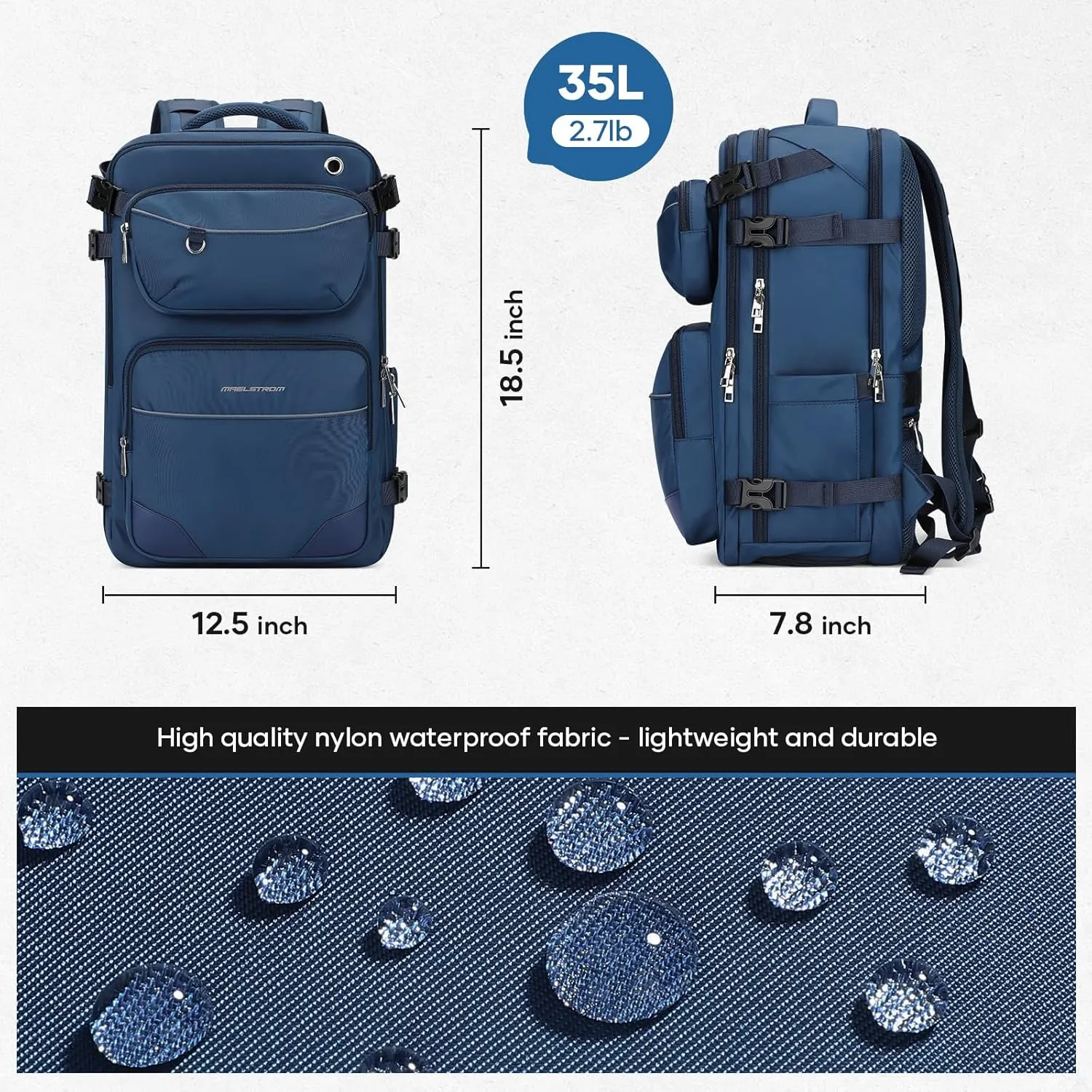 Maelstrom Travel Backpack for Men Women, 35L Carry on Backpack for Traveling on Airplane,with Belt Bag&Shoe Compartment,Waterproof Laptop Backpack fit 17”Laptop-Navy Blue, Large