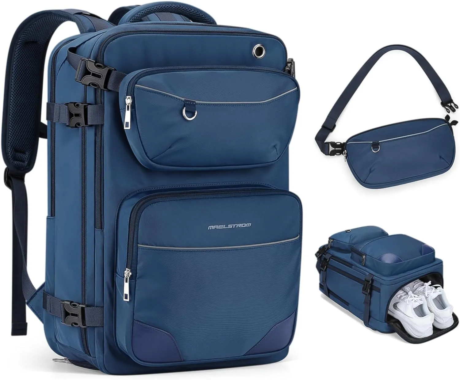 Maelstrom Travel Backpack for Men Women, 35L Carry on Backpack for Traveling on Airplane,with Belt Bag&Shoe Compartment,Waterproof Laptop Backpack fit 17”Laptop-Navy Blue, Large