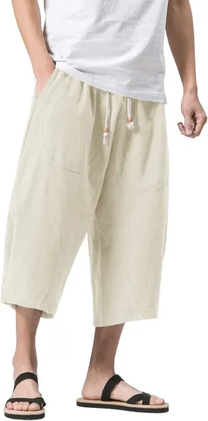 MAGNIVIT Men's Linen Cotton Capri Pants Loose Fit Elastic Waist Wide Leg Baggy Harem Pants