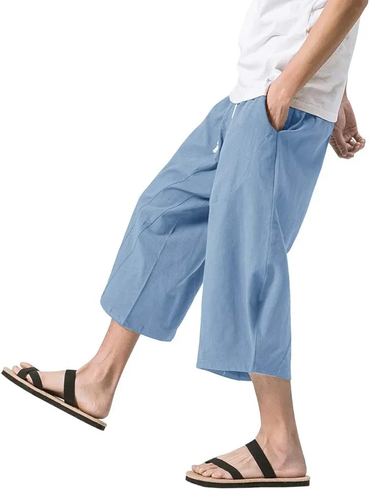 MAGNIVIT Men's Linen Cotton Capri Pants Loose Fit Elastic Waist Wide Leg Baggy Harem Pants