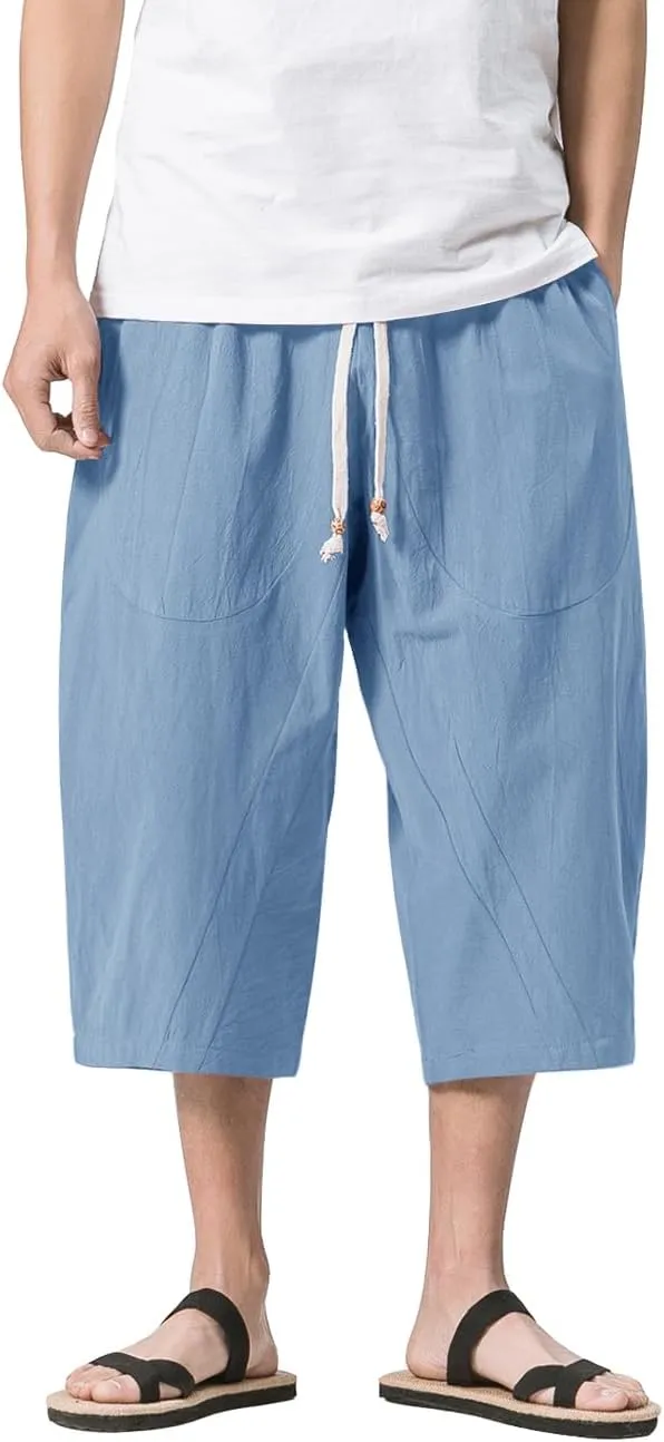 MAGNIVIT Men's Linen Cotton Capri Pants Loose Fit Elastic Waist Wide Leg Baggy Harem Pants