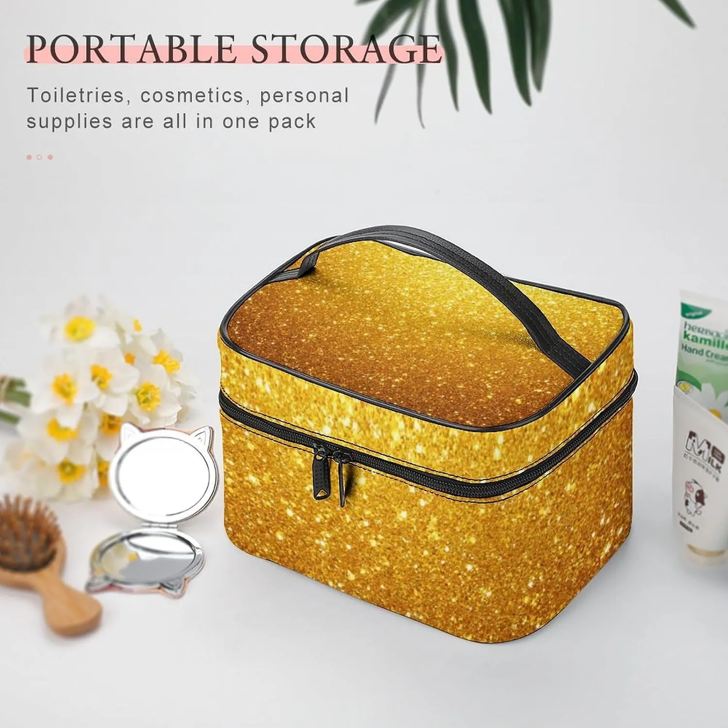 Make Up Bags Beautiful Gold Bling Glitter Sparkles Pattern Cosmetics Organizer Case for Women, Travel Toiletry Brushes Storage Bag with Carry Handle