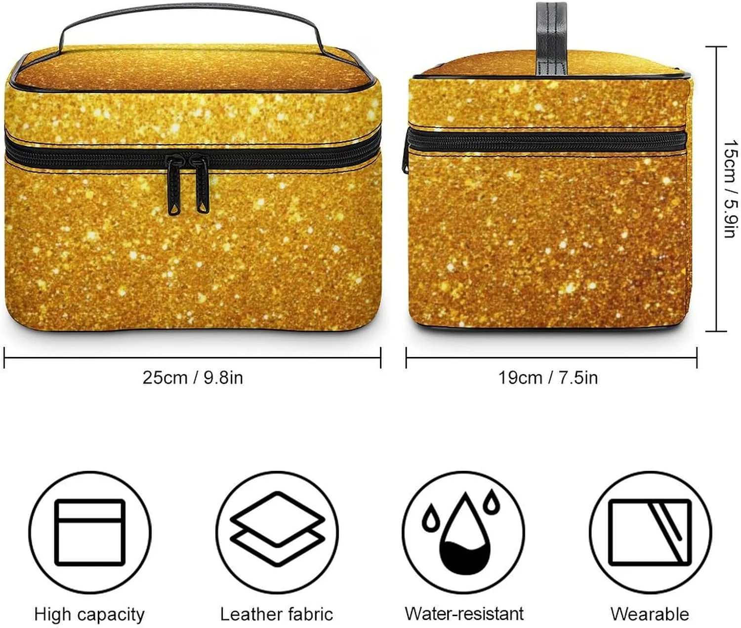 Make Up Bags Beautiful Gold Bling Glitter Sparkles Pattern Cosmetics Organizer Case for Women, Travel Toiletry Brushes Storage Bag with Carry Handle