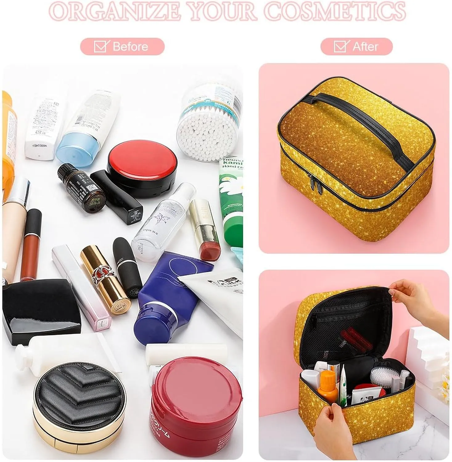 Make Up Bags Beautiful Gold Bling Glitter Sparkles Pattern Cosmetics Organizer Case for Women, Travel Toiletry Brushes Storage Bag with Carry Handle
