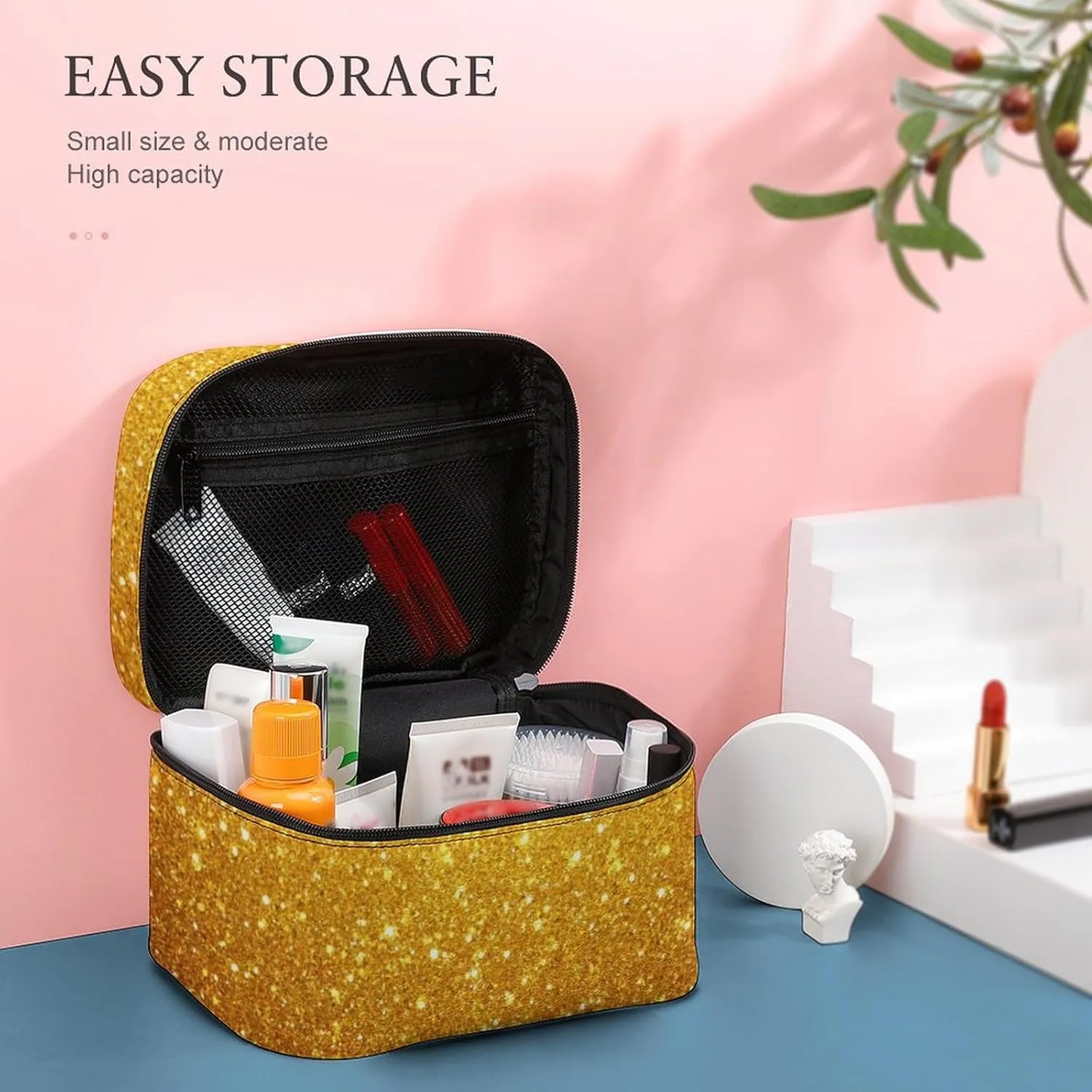 Make Up Bags Beautiful Gold Bling Glitter Sparkles Pattern Cosmetics Organizer Case for Women, Travel Toiletry Brushes Storage Bag with Carry Handle