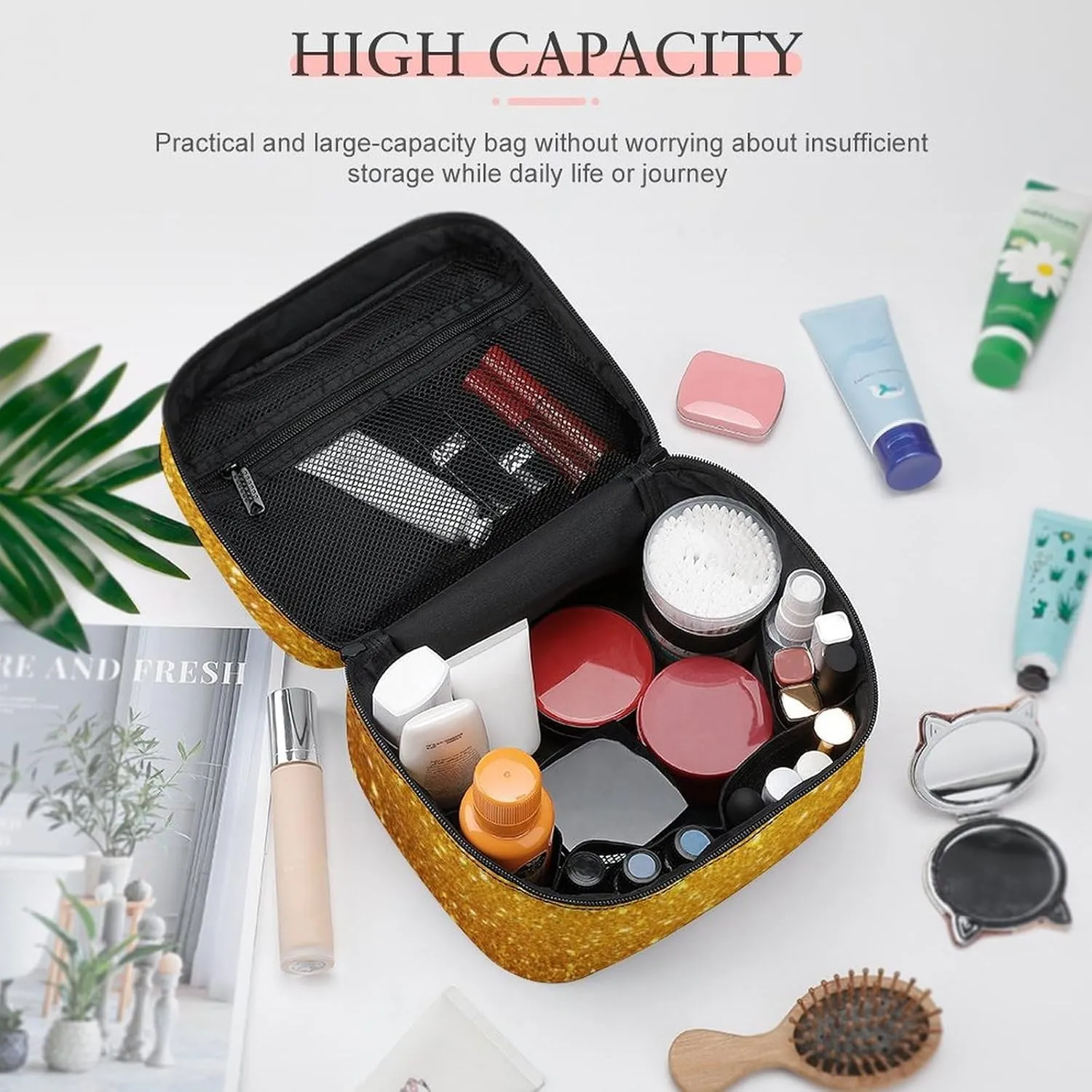 Make Up Bags Beautiful Gold Bling Glitter Sparkles Pattern Cosmetics Organizer Case for Women, Travel Toiletry Brushes Storage Bag with Carry Handle