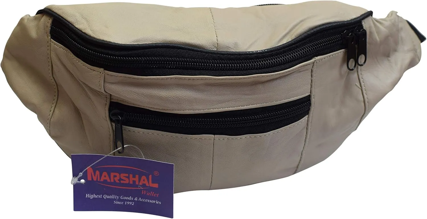 MARSHAL Mens Womens Genuine Leather Fanny Pack Pouch Waist Bag Slim Design Hiking Camping Outdoors Traveling (Cream)