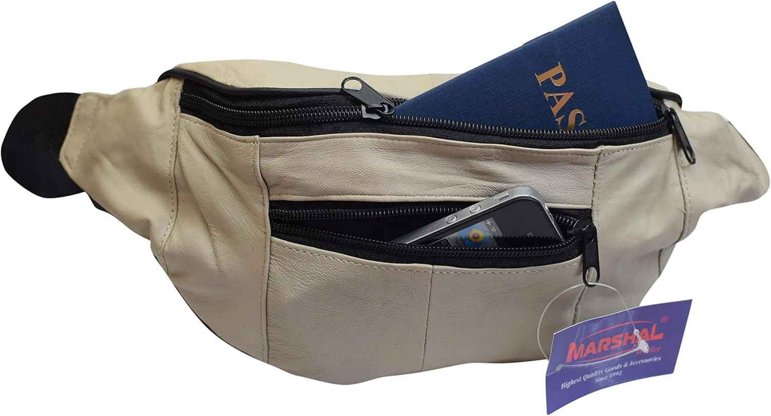 MARSHAL Mens Womens Genuine Leather Fanny Pack Pouch Waist Bag Slim Design Hiking Camping Outdoors Traveling (Cream)