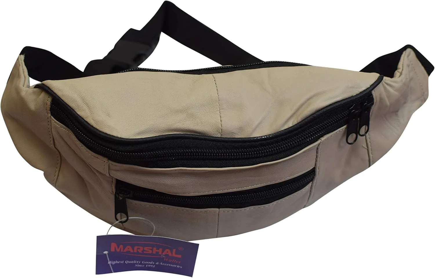 MARSHAL Mens Womens Genuine Leather Fanny Pack Pouch Waist Bag Slim Design Hiking Camping Outdoors Traveling (Cream)