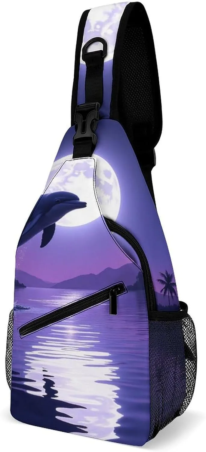 Men Women Crossbody Chest Bag, Gym Shoulder Bag with Adjustable Strap, Full Moon Jumping Dolphin Art Purple Large Sling Daypack for Hiking Sports Travel