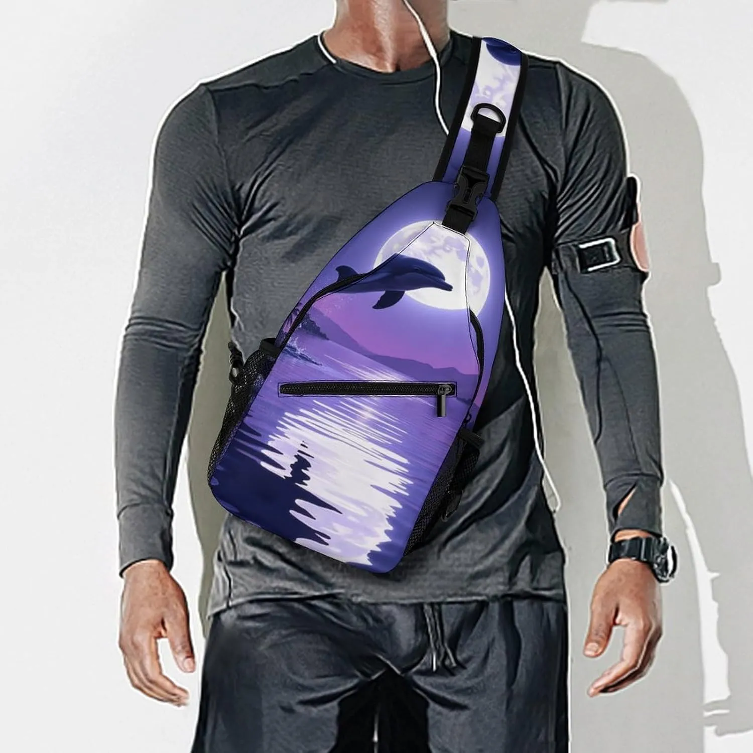 Men Women Crossbody Chest Bag, Gym Shoulder Bag with Adjustable Strap, Full Moon Jumping Dolphin Art Purple Large Sling Daypack for Hiking Sports Travel
