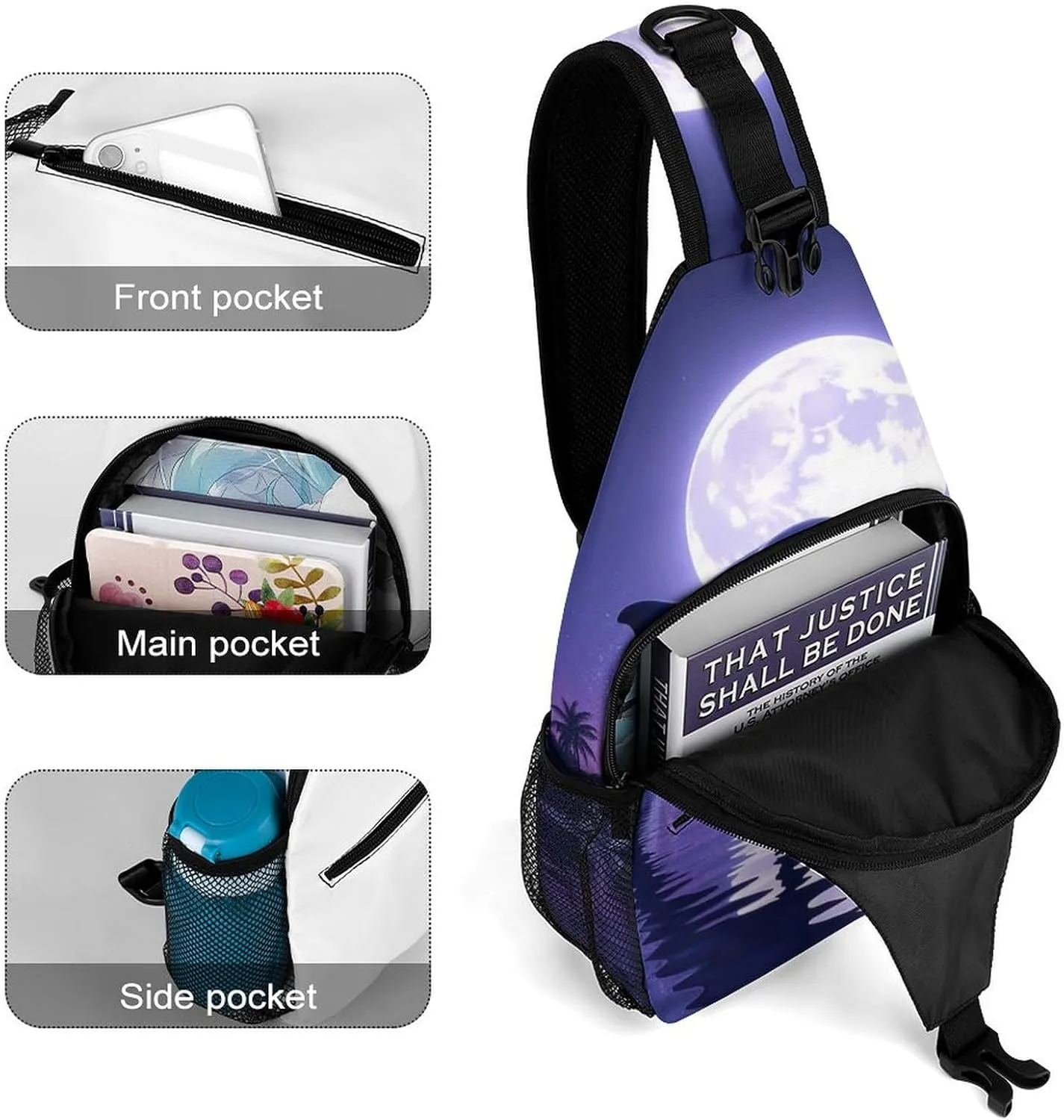 Men Women Crossbody Chest Bag, Gym Shoulder Bag with Adjustable Strap, Full Moon Jumping Dolphin Art Purple Large Sling Daypack for Hiking Sports Travel