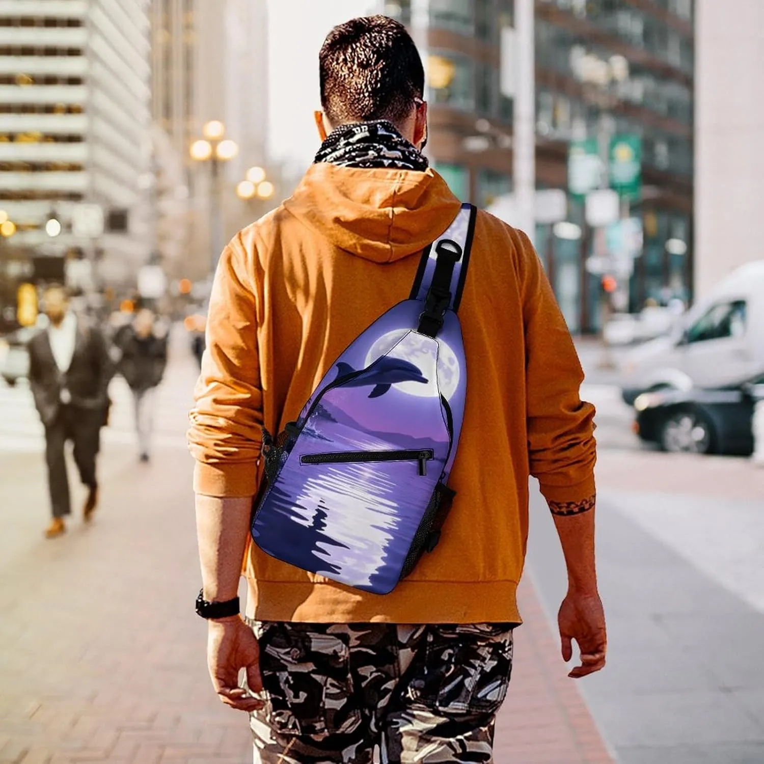 Men Women Crossbody Chest Bag, Gym Shoulder Bag with Adjustable Strap, Full Moon Jumping Dolphin Art Purple Large Sling Daypack for Hiking Sports Travel