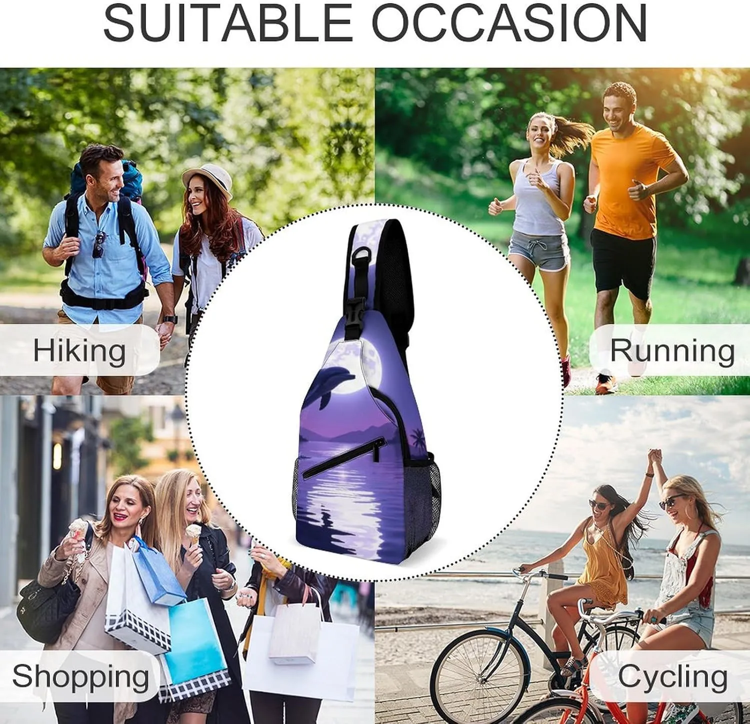 Men Women Crossbody Chest Bag, Gym Shoulder Bag with Adjustable Strap, Full Moon Jumping Dolphin Art Purple Large Sling Daypack for Hiking Sports Travel