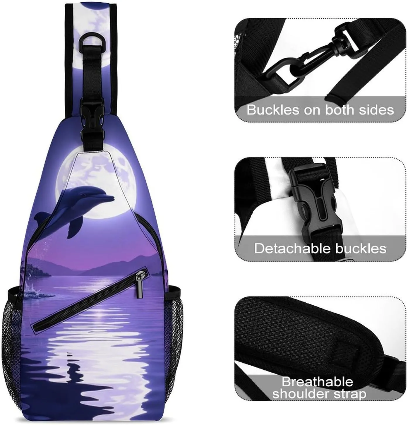 Men Women Crossbody Chest Bag, Gym Shoulder Bag with Adjustable Strap, Full Moon Jumping Dolphin Art Purple Large Sling Daypack for Hiking Sports Travel