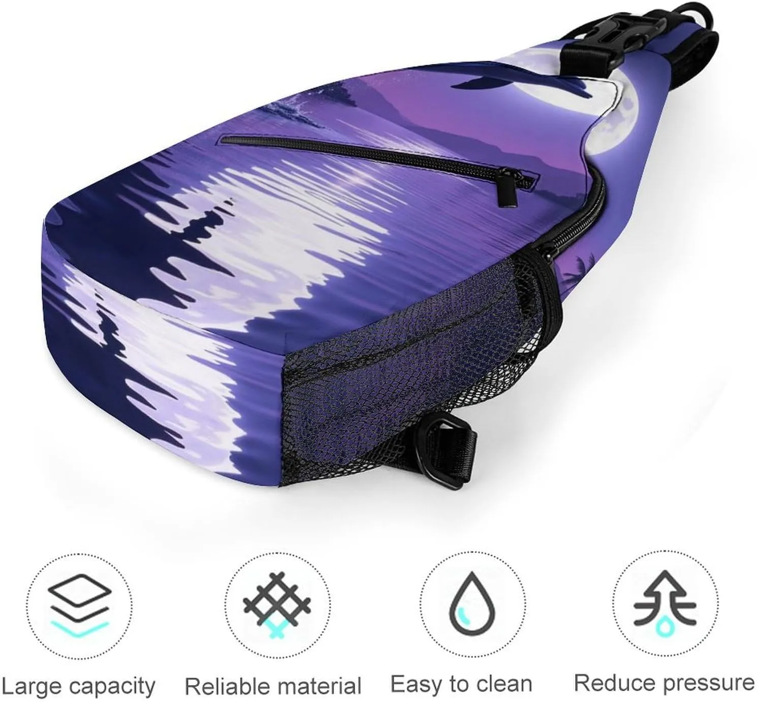 Men Women Crossbody Chest Bag, Gym Shoulder Bag with Adjustable Strap, Full Moon Jumping Dolphin Art Purple Large Sling Daypack for Hiking Sports Travel
