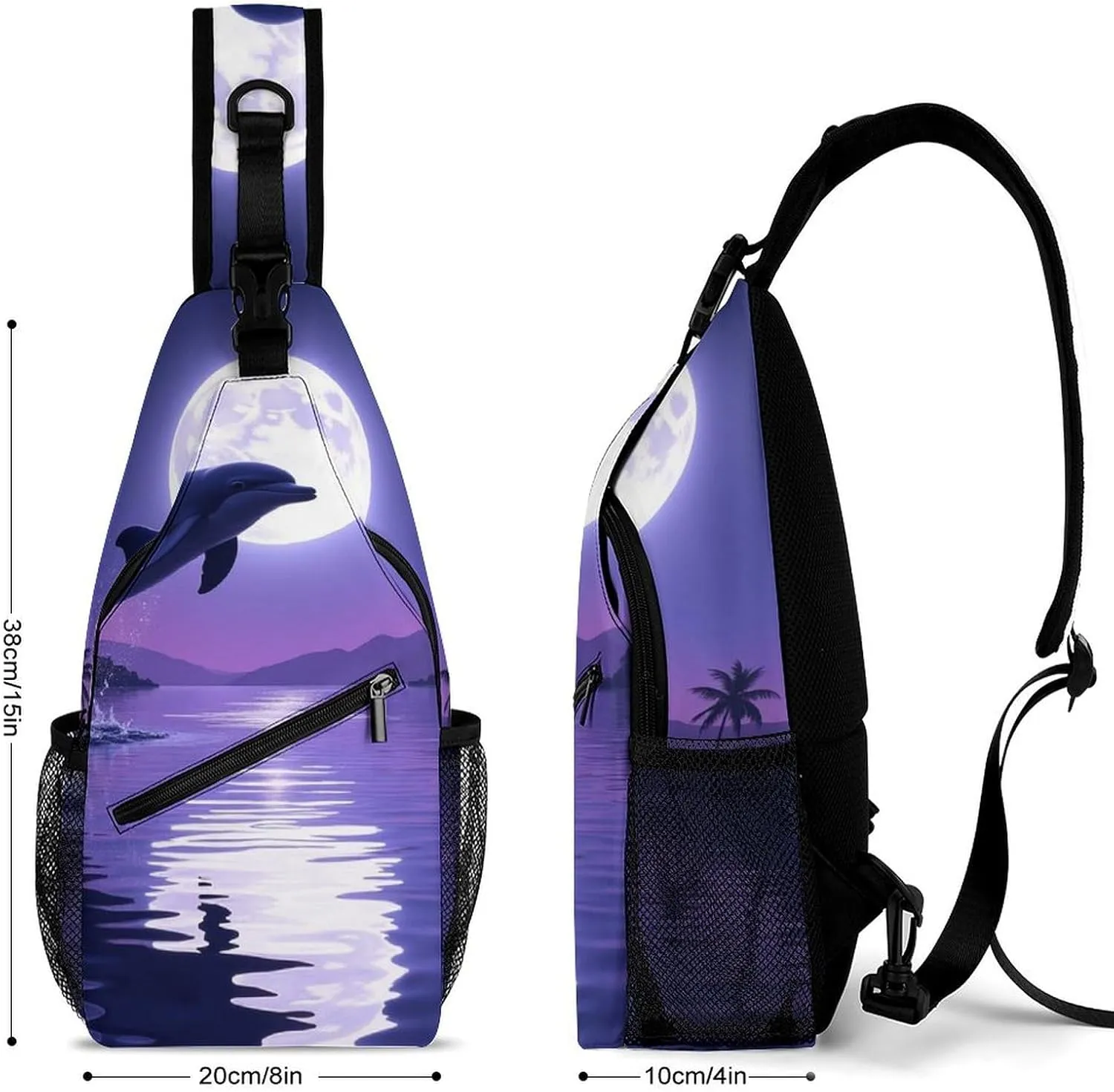 Men Women Crossbody Chest Bag, Gym Shoulder Bag with Adjustable Strap, Full Moon Jumping Dolphin Art Purple Large Sling Daypack for Hiking Sports Travel
