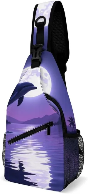 Men Women Crossbody Chest Bag, Gym Shoulder Bag with Adjustable Strap, Full Moon Jumping Dolphin Art Purple Large Sling Daypack for Hiking Sports Travel