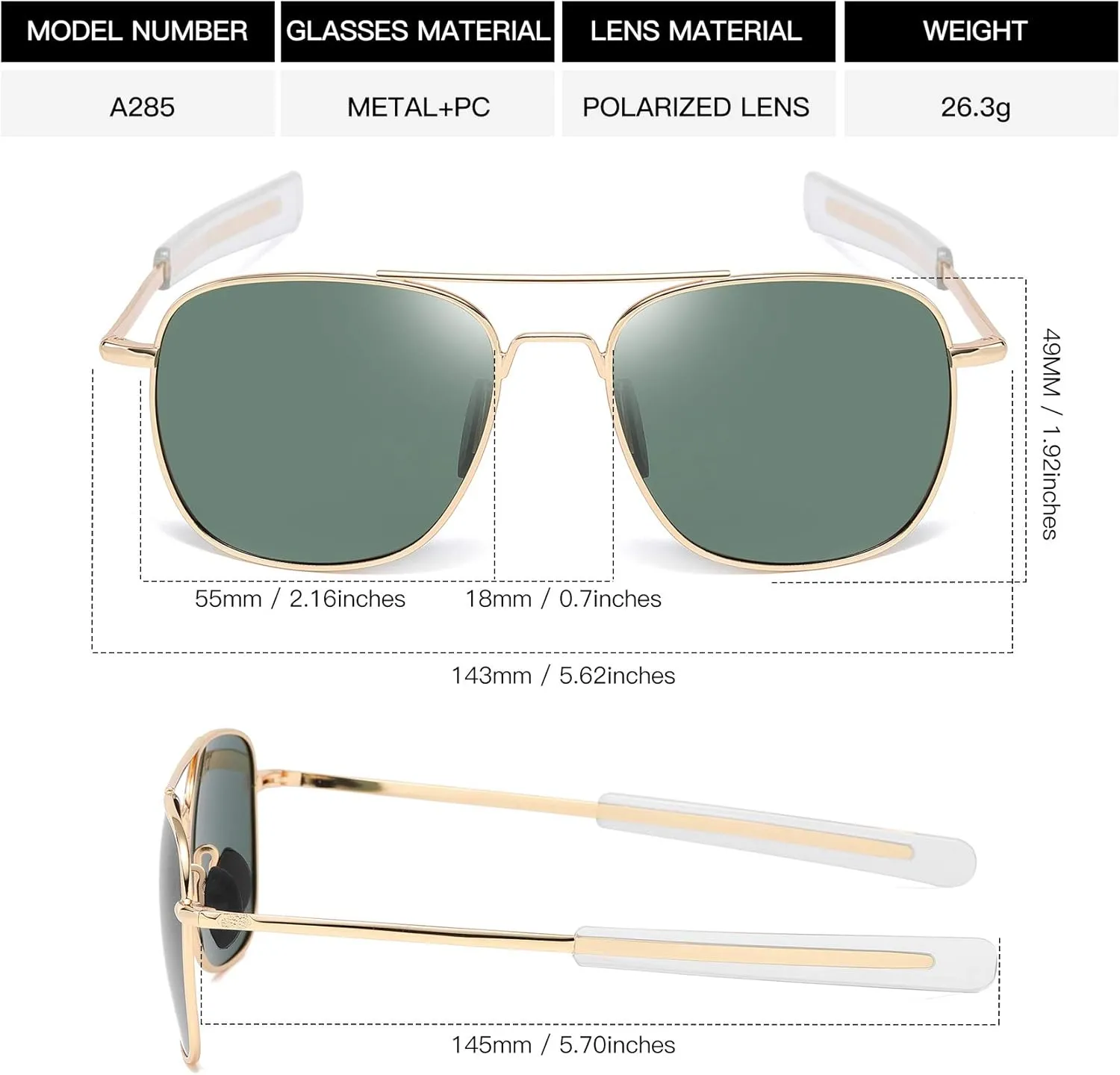 Men's Aviator Sunglasses American Army Military Pilot Polarized Sunglasses Bayonet Temples