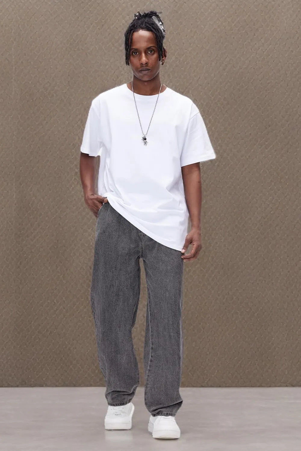 Mens Baggy Jeans Elastic Waisted Denim Pants for Men with Drawstring Streetwear