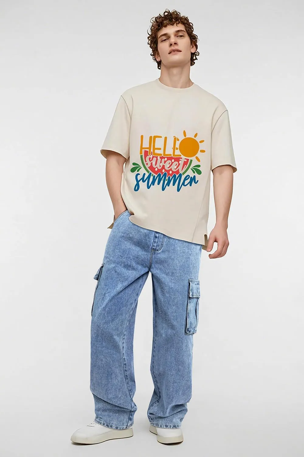 Mens Baggy Jeans Elastic Waisted Denim Pants for Men with Drawstring Streetwear