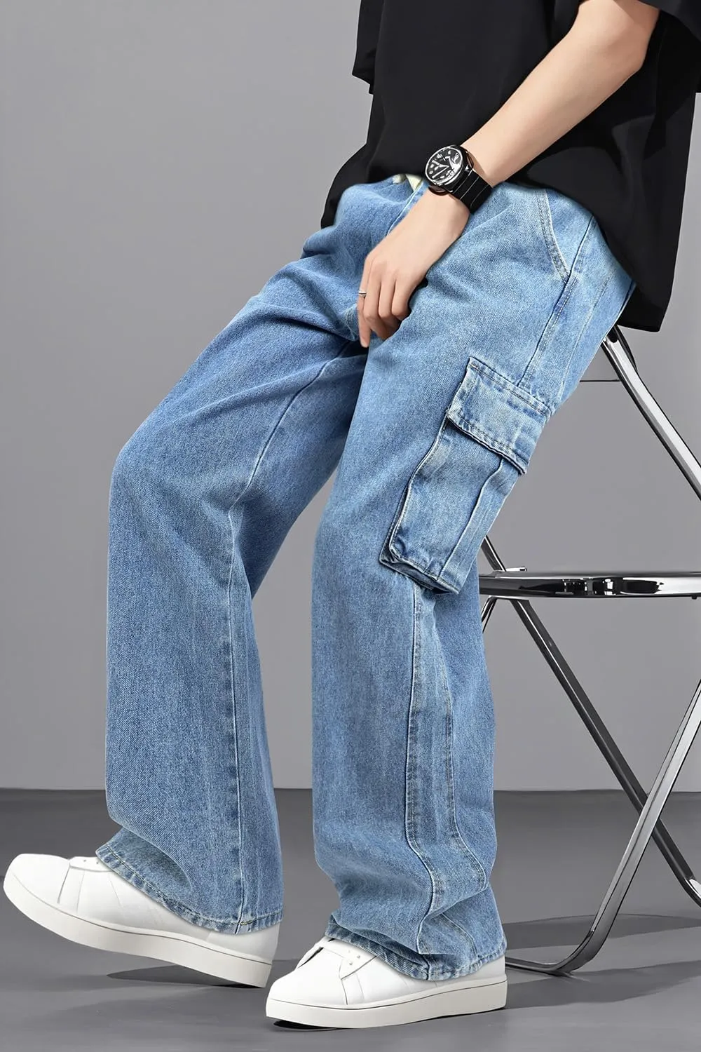 Mens Baggy Jeans Elastic Waisted Denim Pants for Men with Drawstring Streetwear