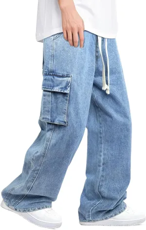Mens Baggy Jeans Elastic Waisted Denim Pants for Men with Drawstring Streetwear