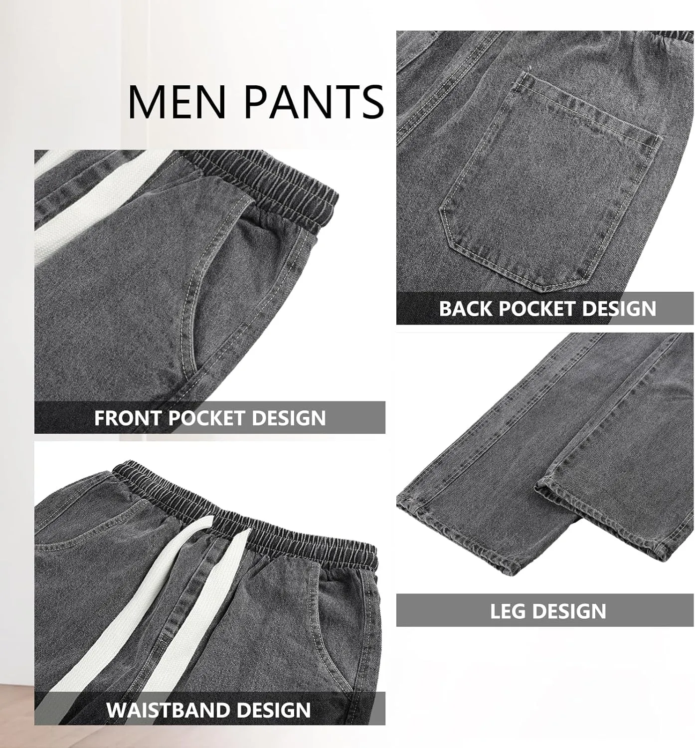 Mens Baggy Jeans Elastic Waisted Denim Pants for Men with Drawstring Streetwear