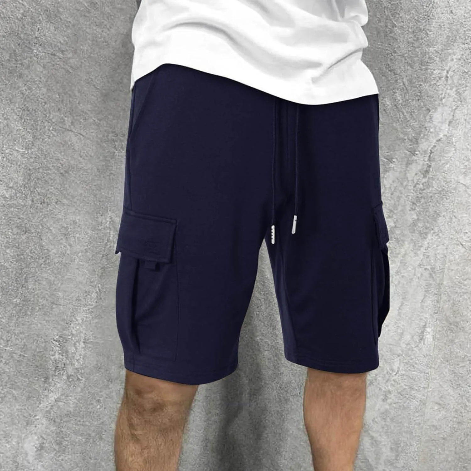 Mens Cargo Shorts Cotton Elastic Waist Casual Shorts Drawstring Athletic Shorts with Multi Pockets