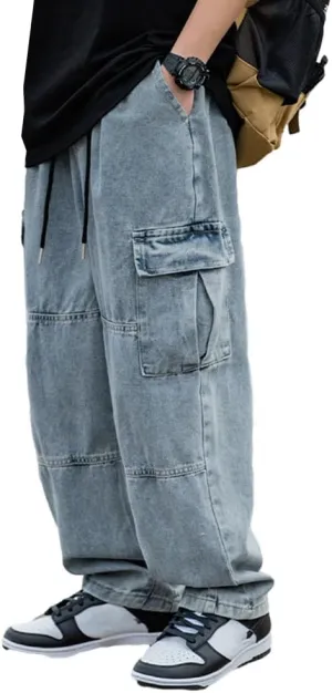 Men's Casual Loose Elastic Waist Cargo Jeans Hip Hop Denim Pants