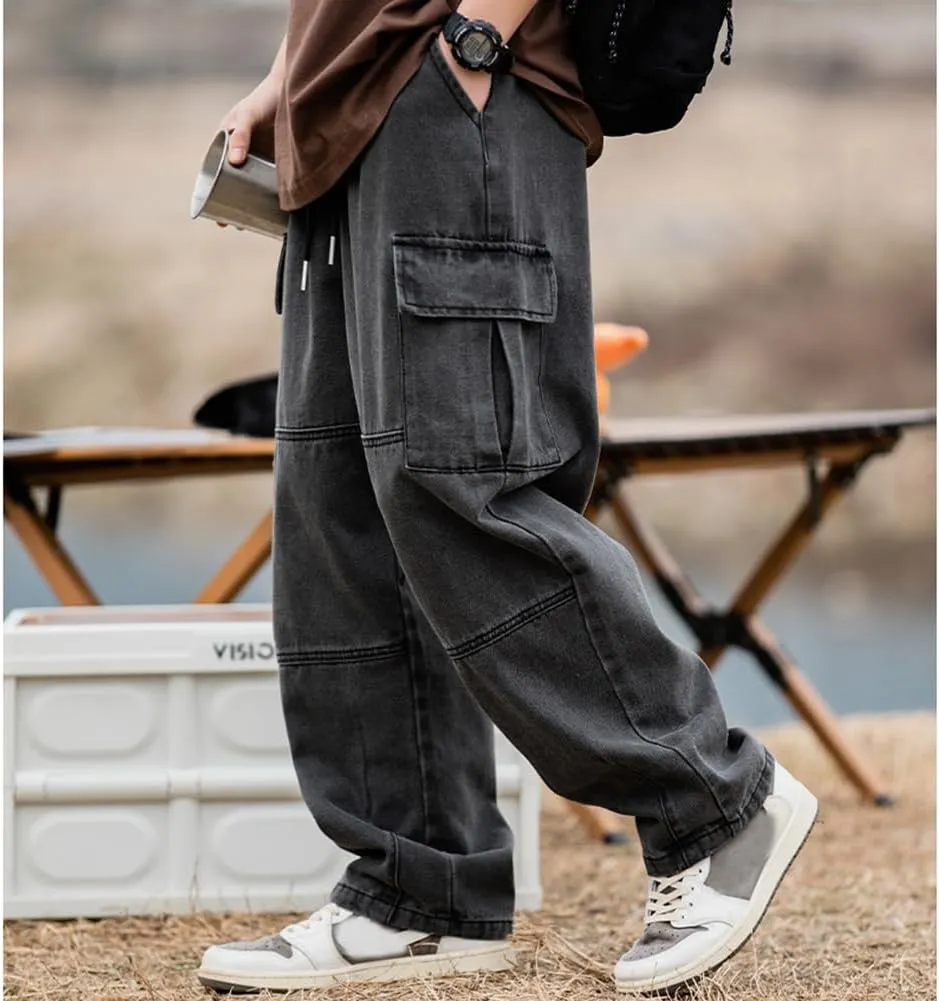 Men's Casual Loose Elastic Waist Cargo Jeans Hip Hop Denim Pants