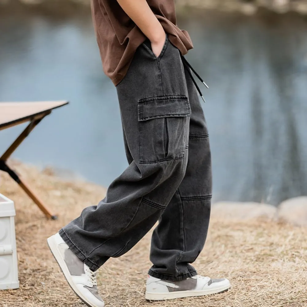 Men's Casual Loose Elastic Waist Cargo Jeans Hip Hop Denim Pants