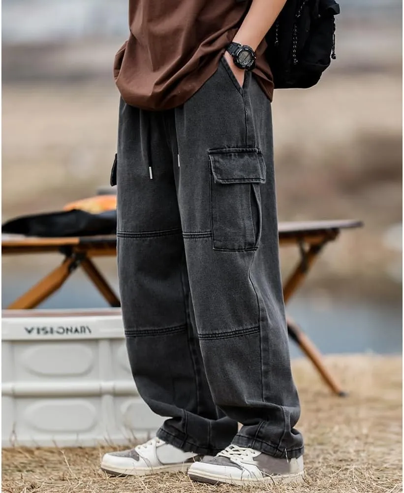 Men's Casual Loose Elastic Waist Cargo Jeans Hip Hop Denim Pants