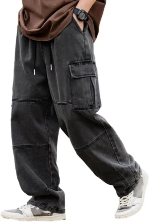 Men's Casual Loose Elastic Waist Cargo Jeans Hip Hop Denim Pants