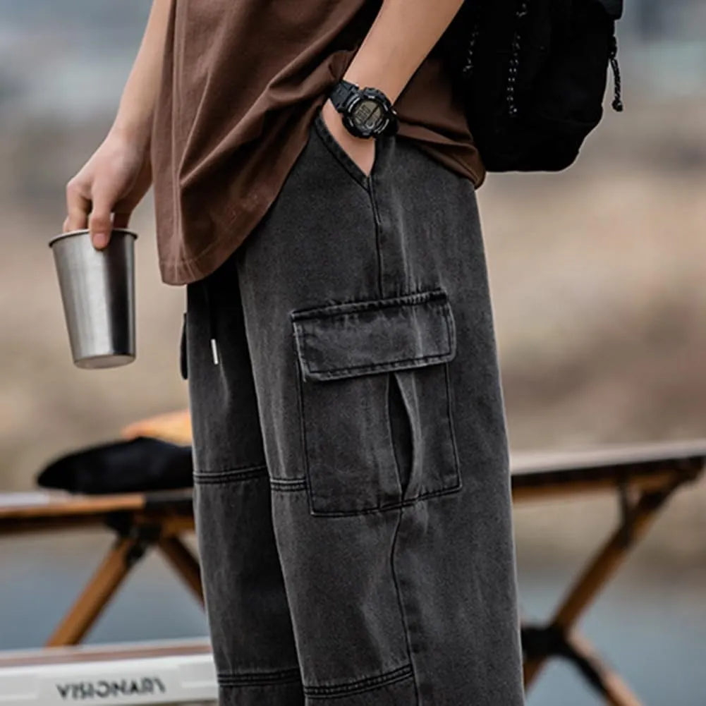 Men's Casual Loose Elastic Waist Cargo Jeans Hip Hop Denim Pants