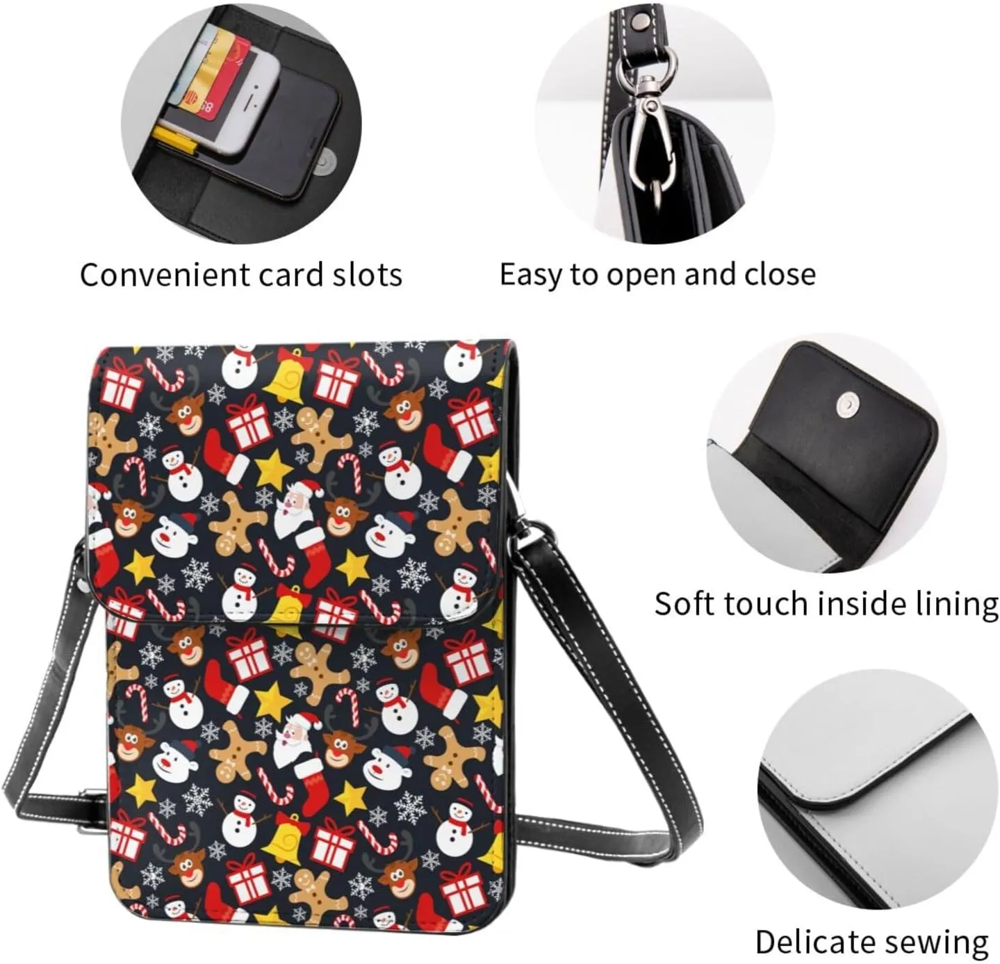 Merry Christmas Snowflakes Blue Leather Crossbody Phone Purse for Women Cute Wallet Bags Lightweight Mini Sling Bag