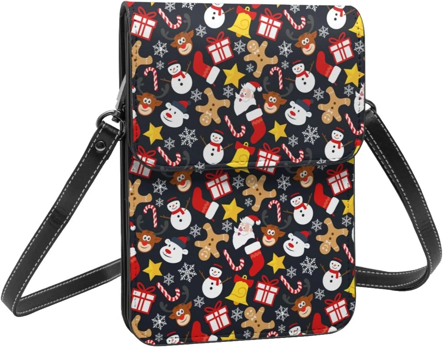 Merry Christmas Snowflakes Blue Leather Crossbody Phone Purse for Women Cute Wallet Bags Lightweight Mini Sling Bag