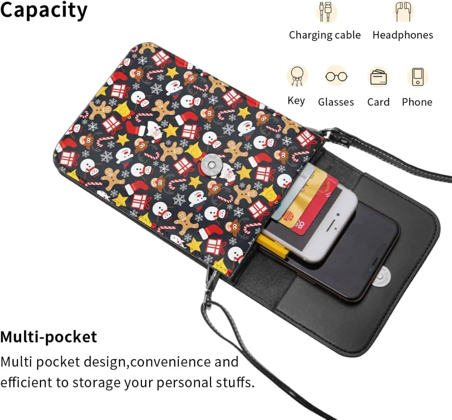Merry Christmas Snowflakes Blue Leather Crossbody Phone Purse for Women Cute Wallet Bags Lightweight Mini Sling Bag