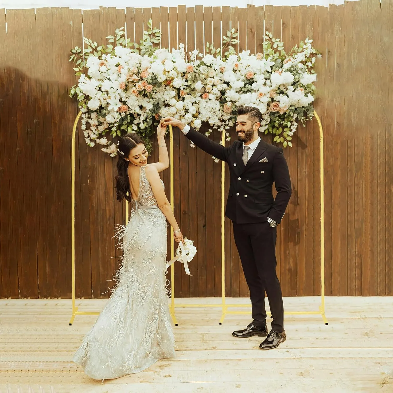 Metal Arch Backdrop Stand (7.2FT,6FT,6FT) Set of 3 Gold Arch Wedding Arch Frame Arco para Globos Con Base Metal Arch Backdrop Stand for Wedding Ceremony Baby Shower Birthday Floral Balloon Arch