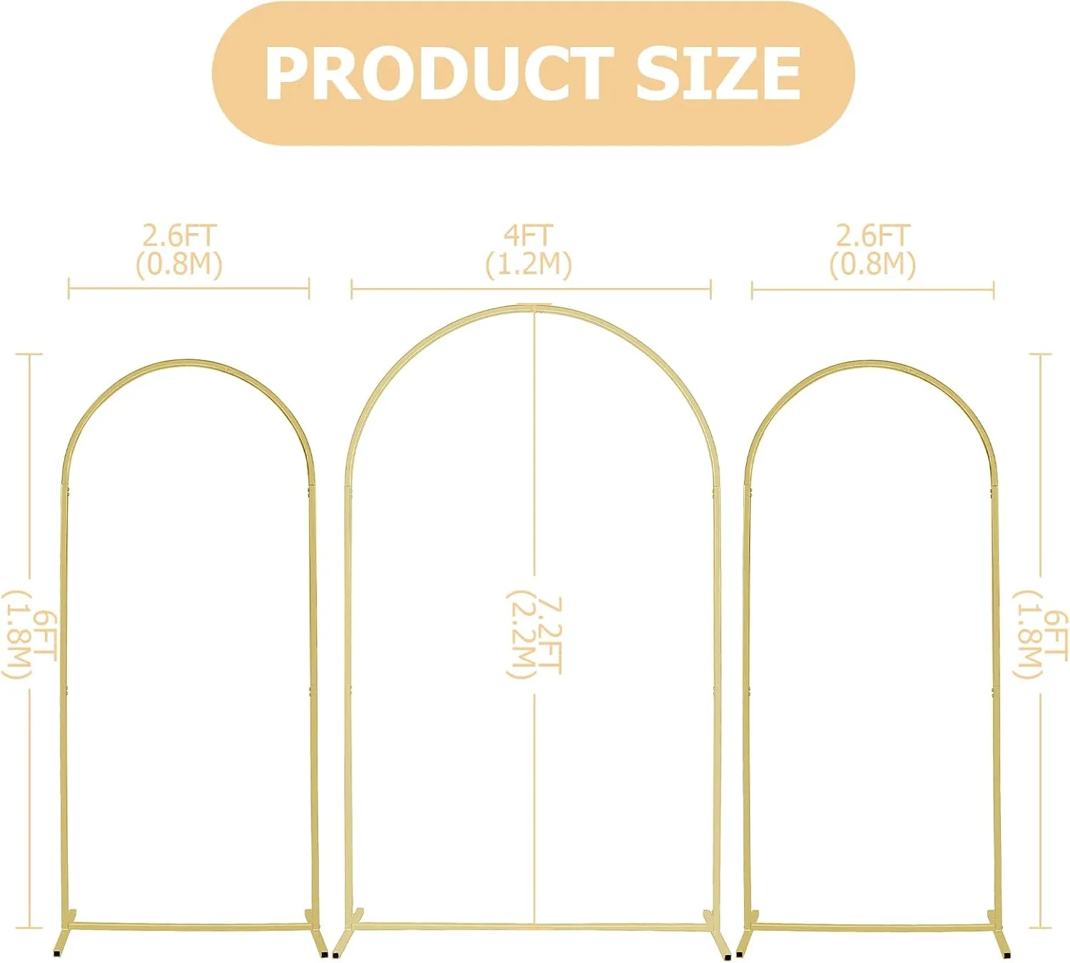 Metal Arch Backdrop Stand (7.2FT,6FT,6FT) Set of 3 Gold Arch Wedding Arch Frame Arco para Globos Con Base Metal Arch Backdrop Stand for Wedding Ceremony Baby Shower Birthday Floral Balloon Arch