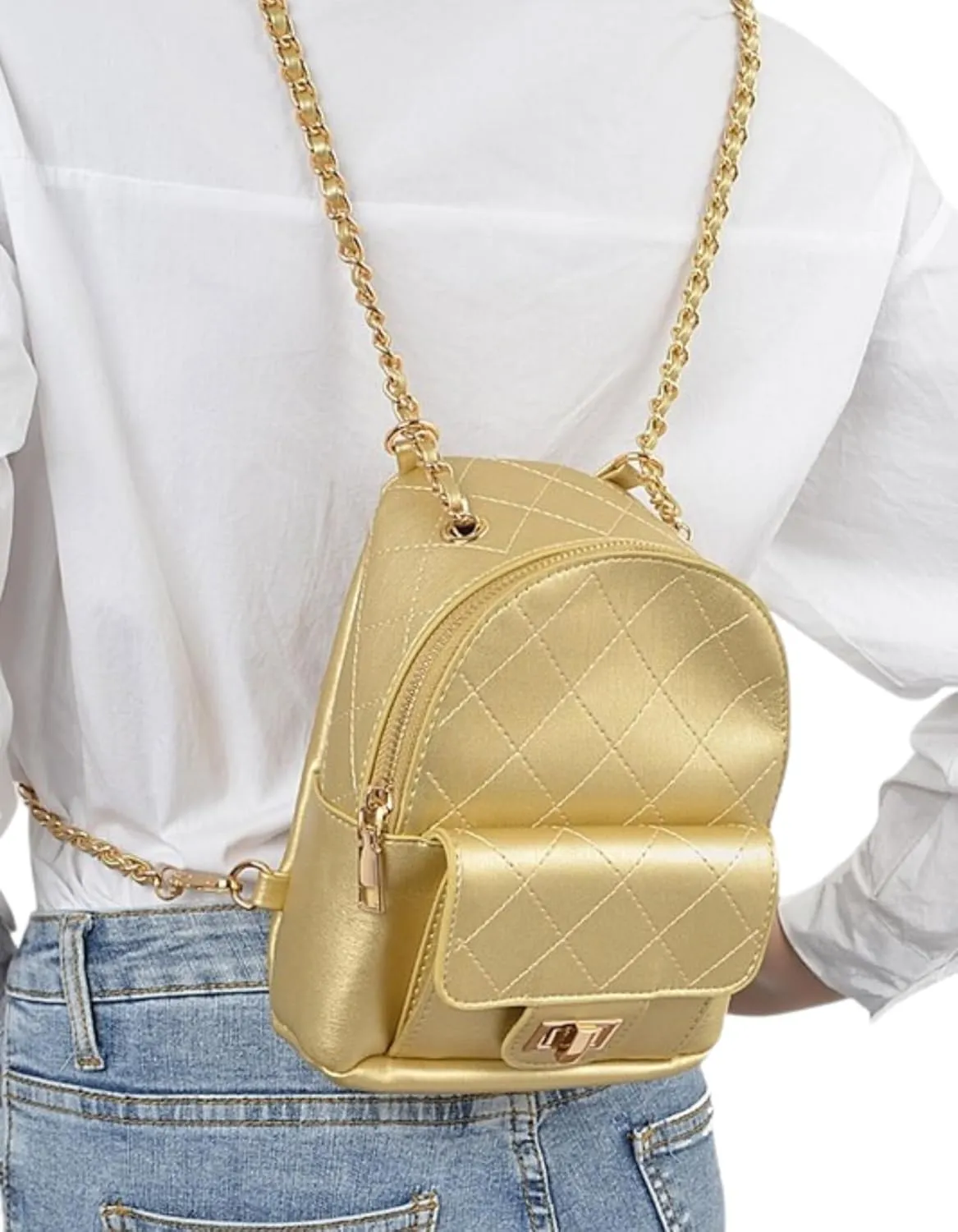 Metallic Pastel Quilted Mini Convertible Fashion Backpack PU Leather Small Shoulder Bag Purse for Women, Teens, Girls (Gold, Mini)